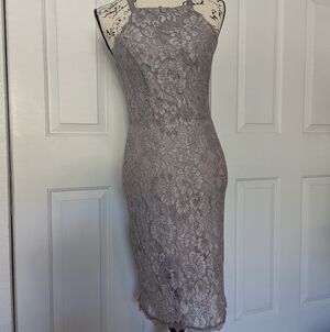 Lulus Wishful Wanderings Grey Lace Midi Bodycon Dress - Size Medium